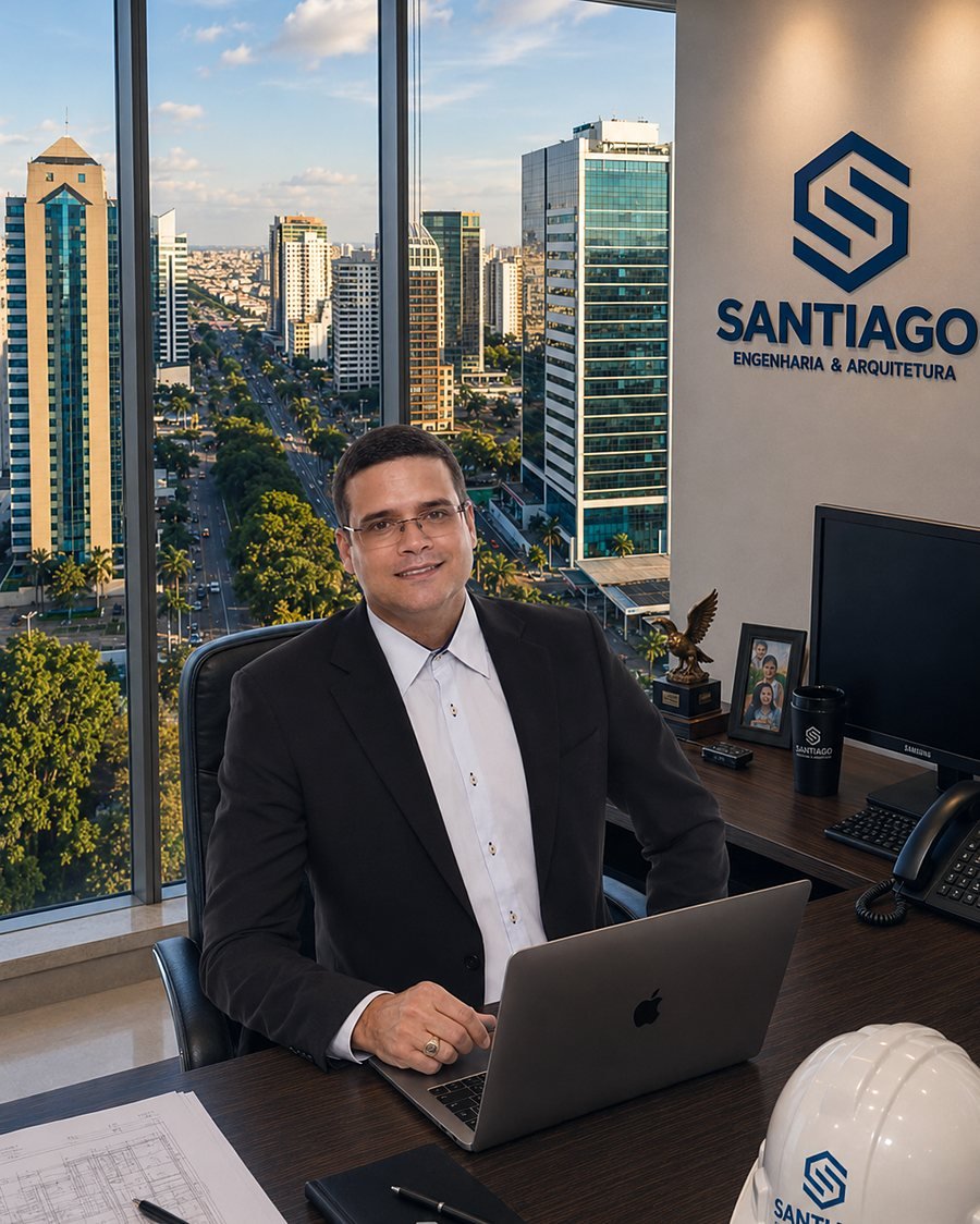 Gleibson Cordeiro Lopes, Arquiteto e Urbanista, no escritório da Santiago Engenharia & Arquitetura, com vista para Campinas ao fundo